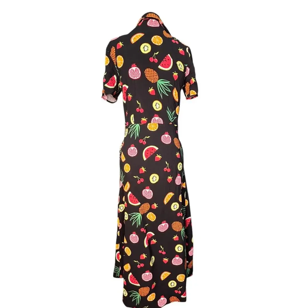 Sugarhill Brighton Fruit Print Button Front Midi Dress Black Novelty Whimsical